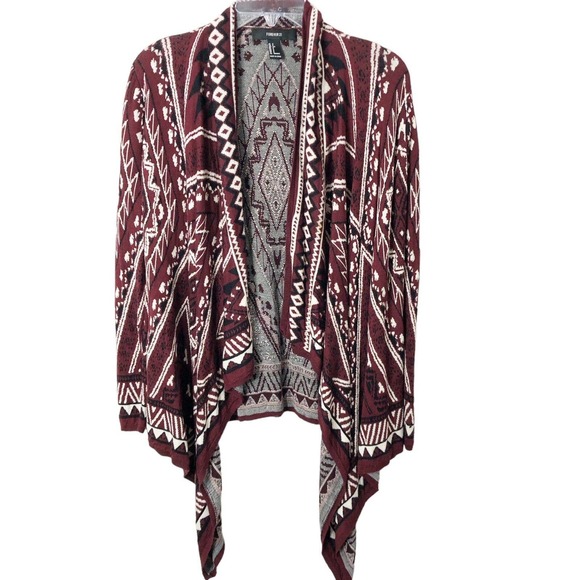 Forever 21 Women's Maroon Open Front Southwest Style Cardigan Sweater Small - Picture 1 of 8